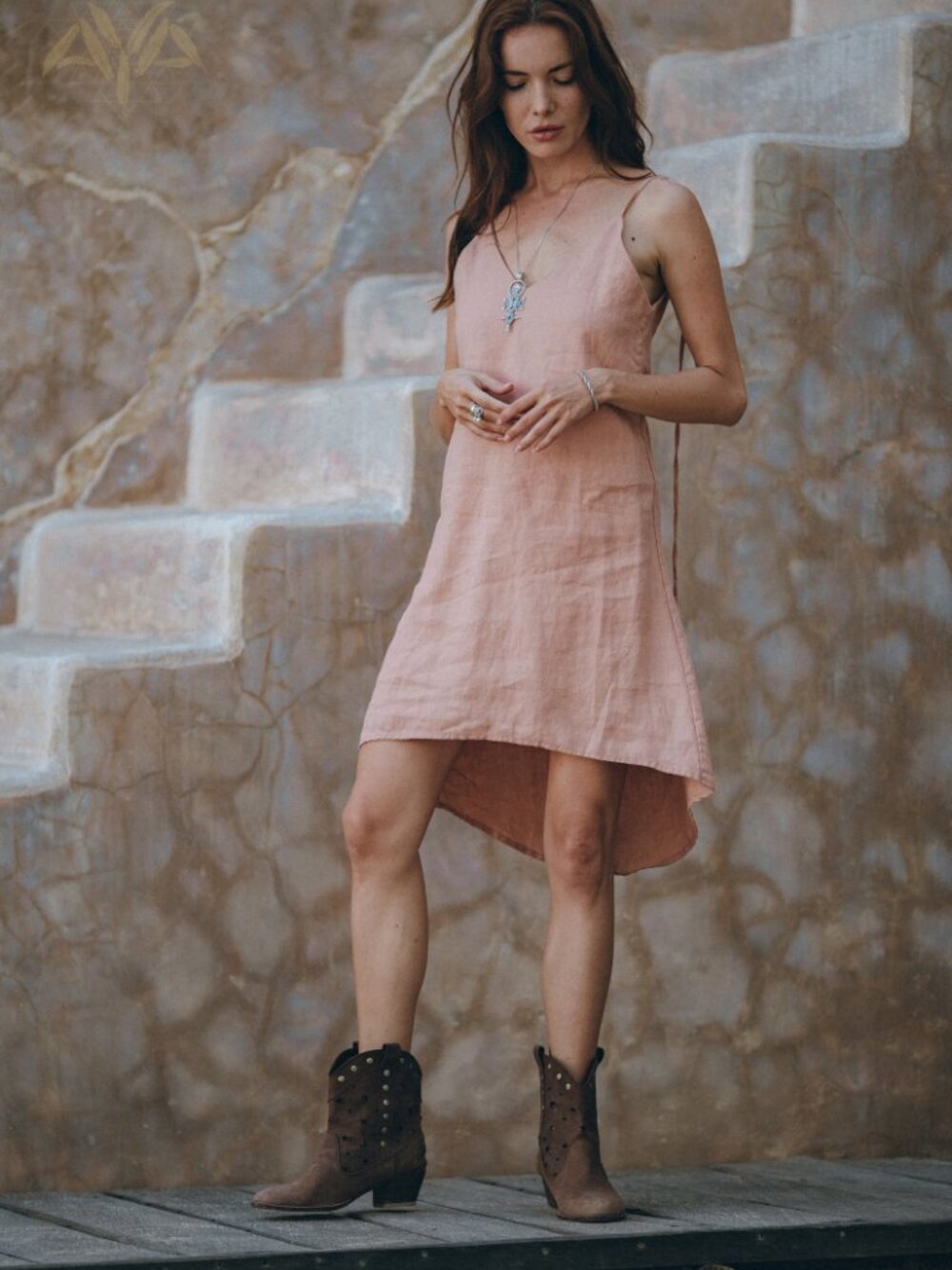 AYA sacred wear pink linen tie low back mini dress - Picture 3 of 7